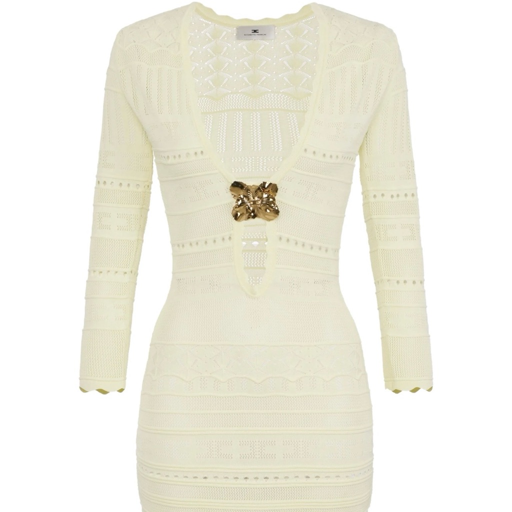 Cream Knit Long-Sleeve Bodycon Dress With Gold Accent